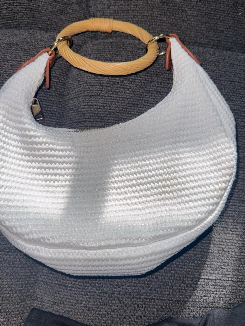 a new day White Woven Crescent Clutch with Yellow Ring Handle and Brown Trim